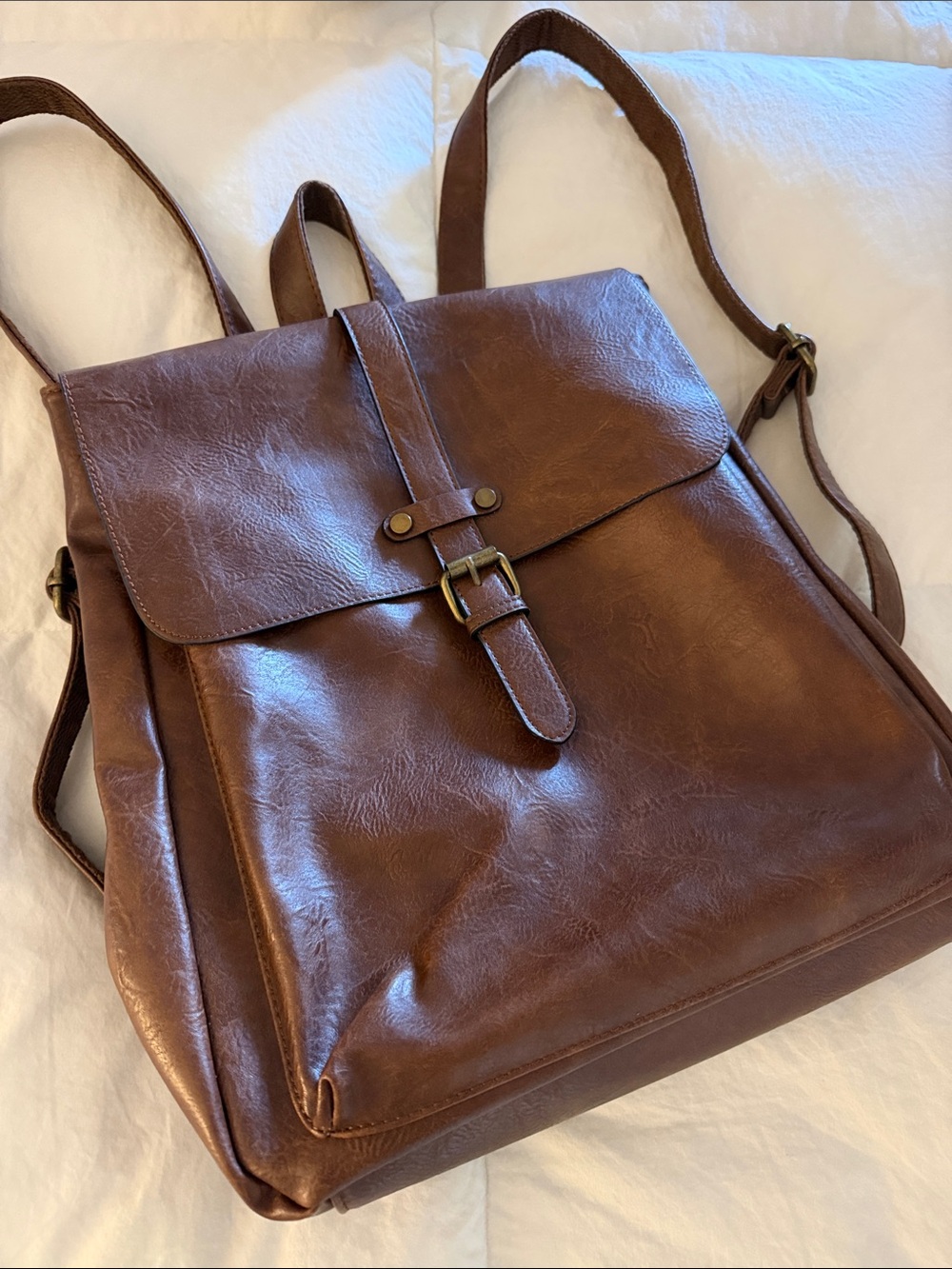 Women's Brown Faux-Leather Backpack with Buckle FlapFrom Italy!